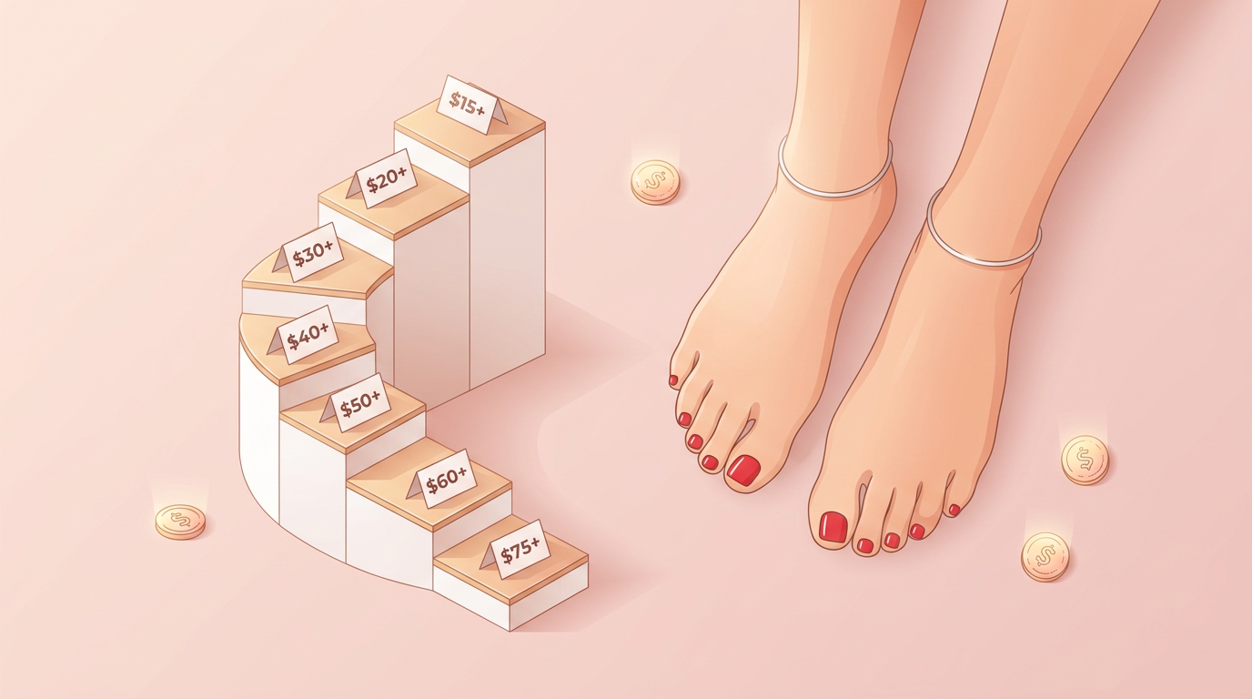 Illustration of an ascending price ladder with price tags beside a pair of feet with red pedicure, representing what feet pics sell for in 2026